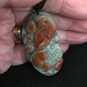 Certified Grade A Jade pendant Fish Lotus Flower NEW - 388960